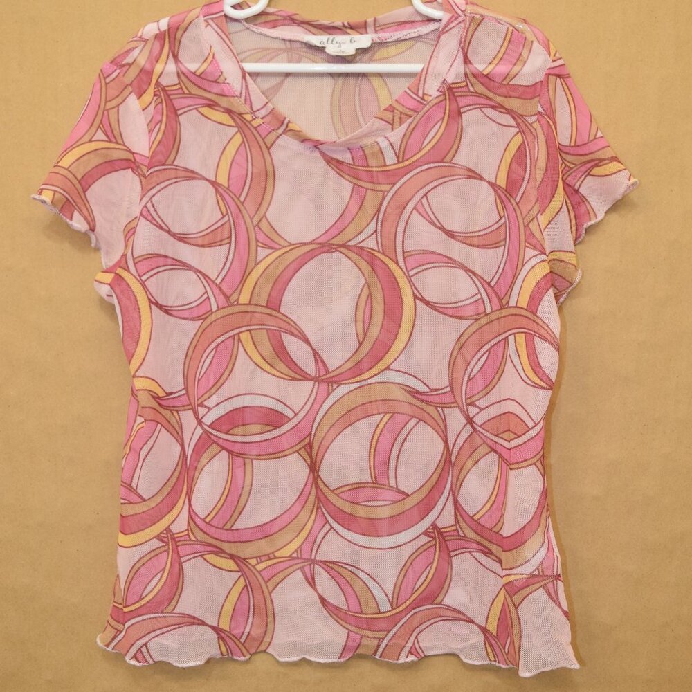 VINTAGE Y2K Ally B Sheer Top - Pink/Orange Circle Pattern - Size L (14)